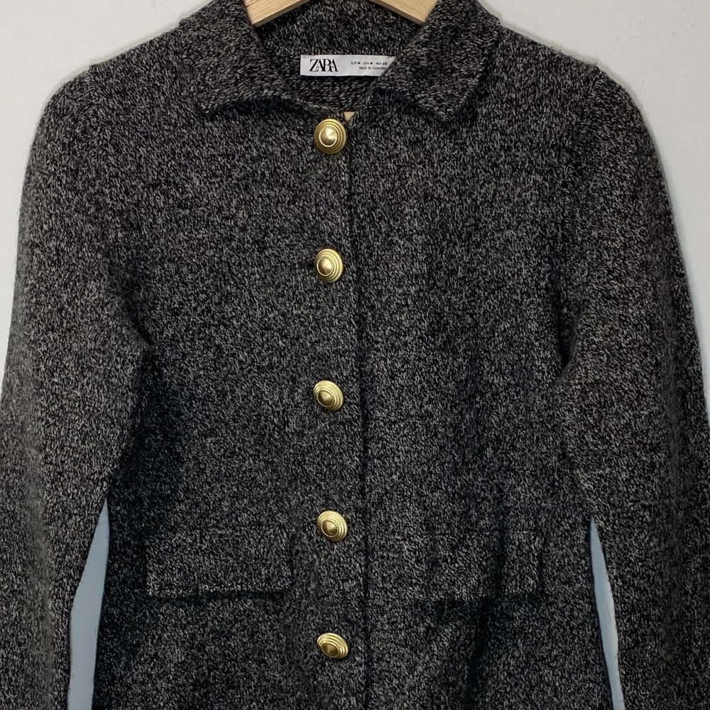 Zara 100% Wool Gray Marl Blazer with Gold Buttons – Size M - Picture 6 of 9
